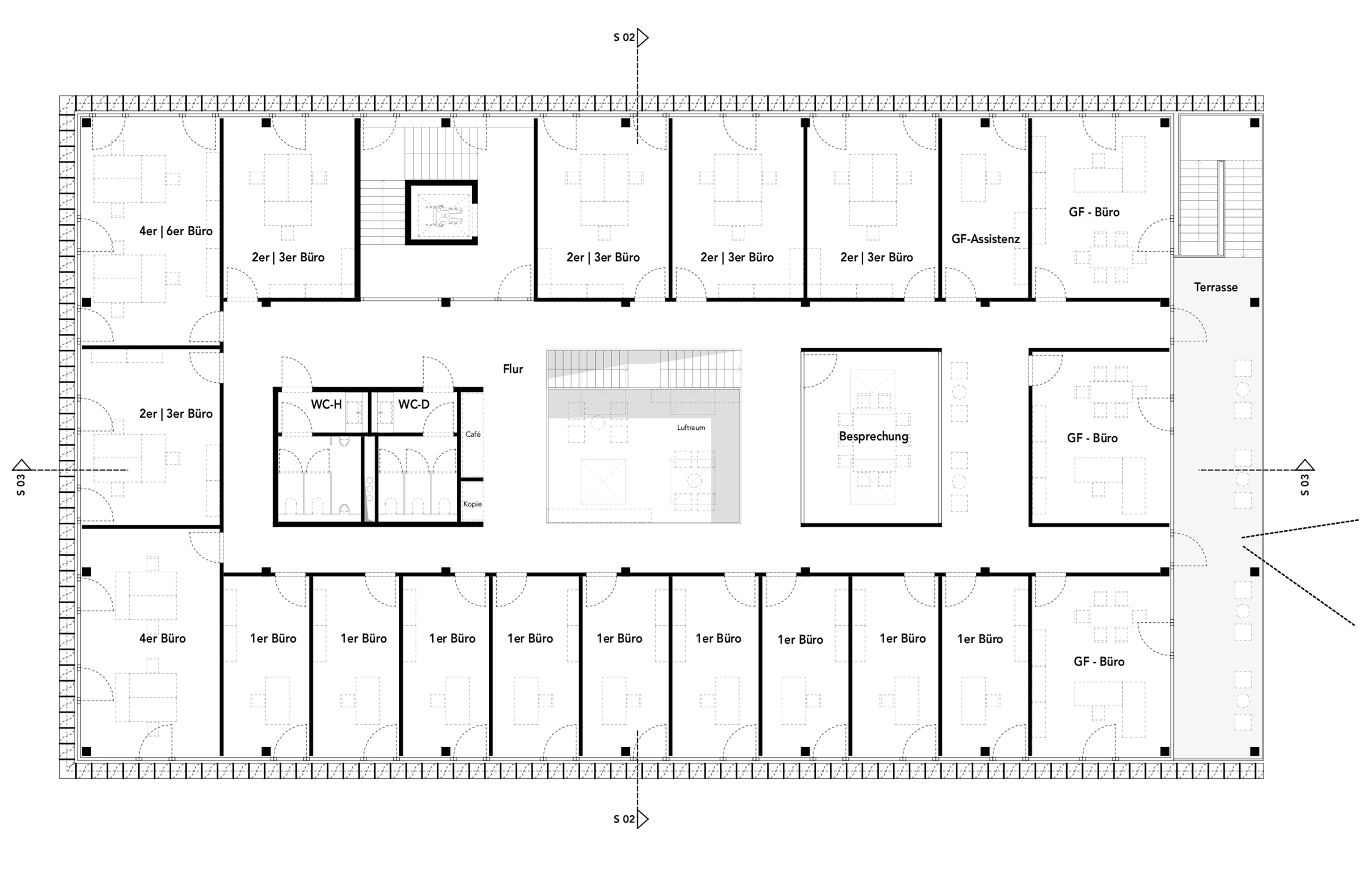 Grundriss des Obergeschosses mit Büroflächen und offenen Arbeitsbereichen