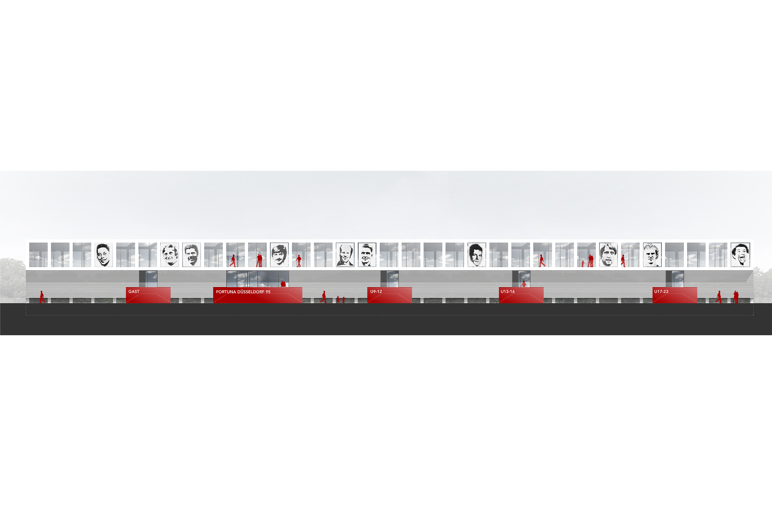 Fassadenansicht des Nachwuchsleistungszentrums F95 mit grafischen Akzenten