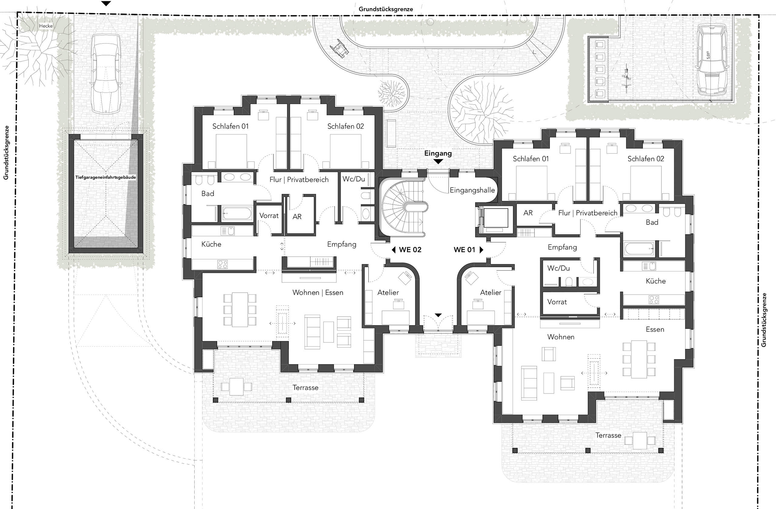 Grundriss Erdgeschoss mit großzügigen Wohnbereichen und Terrassen