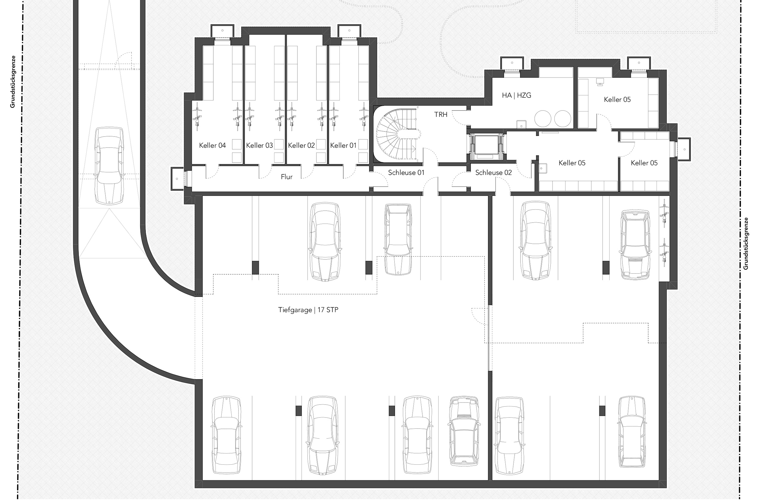 Grundriss Tiefgarage mit Stellplätzen und Abstellräumen