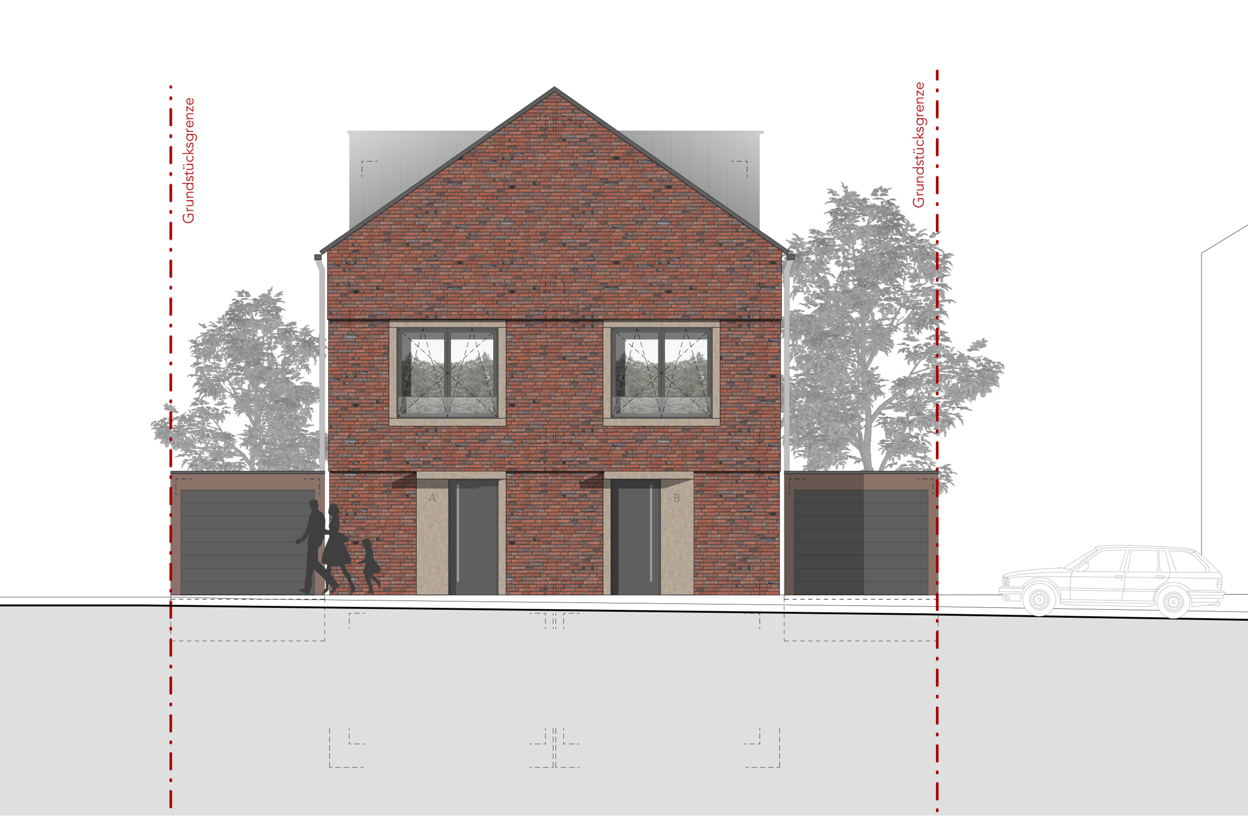 Frontansicht der Wohnbebauung mit klar strukturierter Klinkerfassade