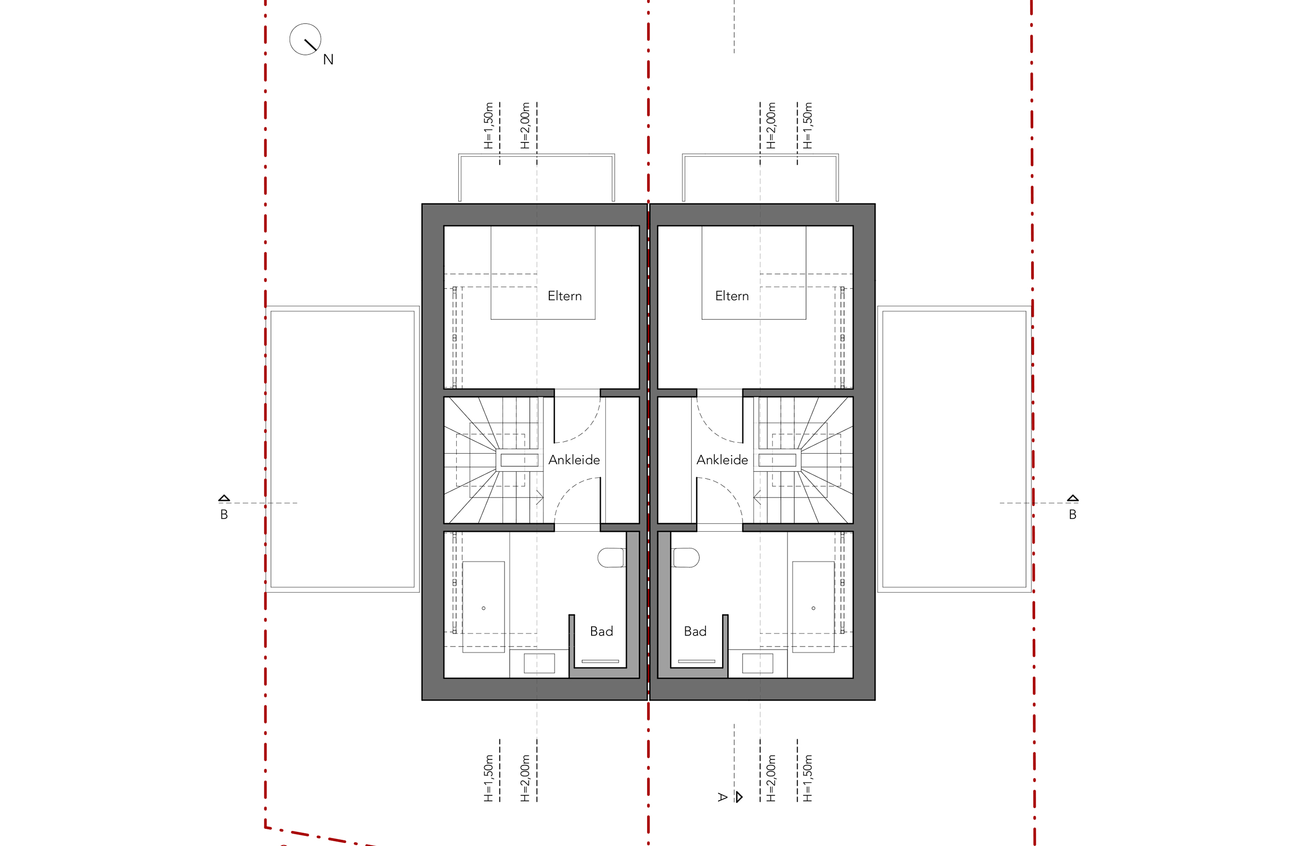Grundriss des Dachgeschosses einer Wohnbebauung mit zwei Wohneinheiten