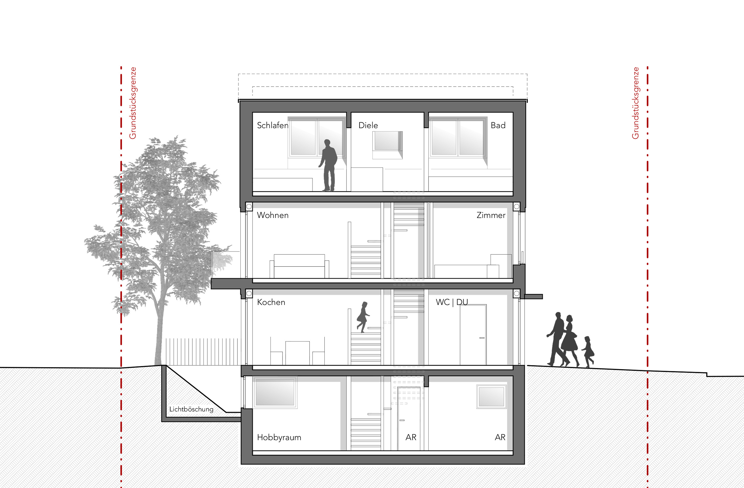 Gebäudeschnitt mit Raumaufteilung und Treppenverlauf