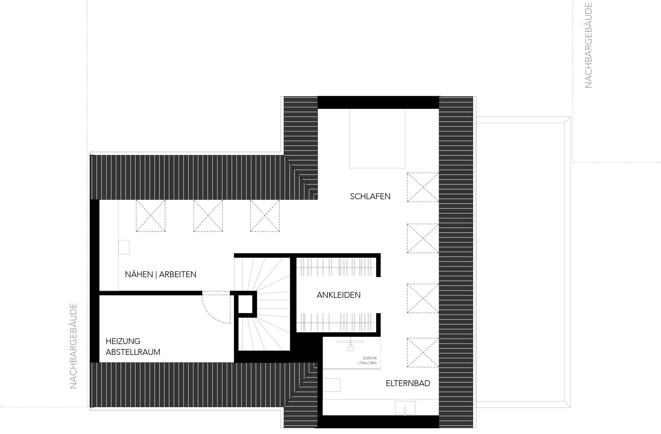 Grundriss des Dachgeschosses mit Schlaf- und Ankleidebereich