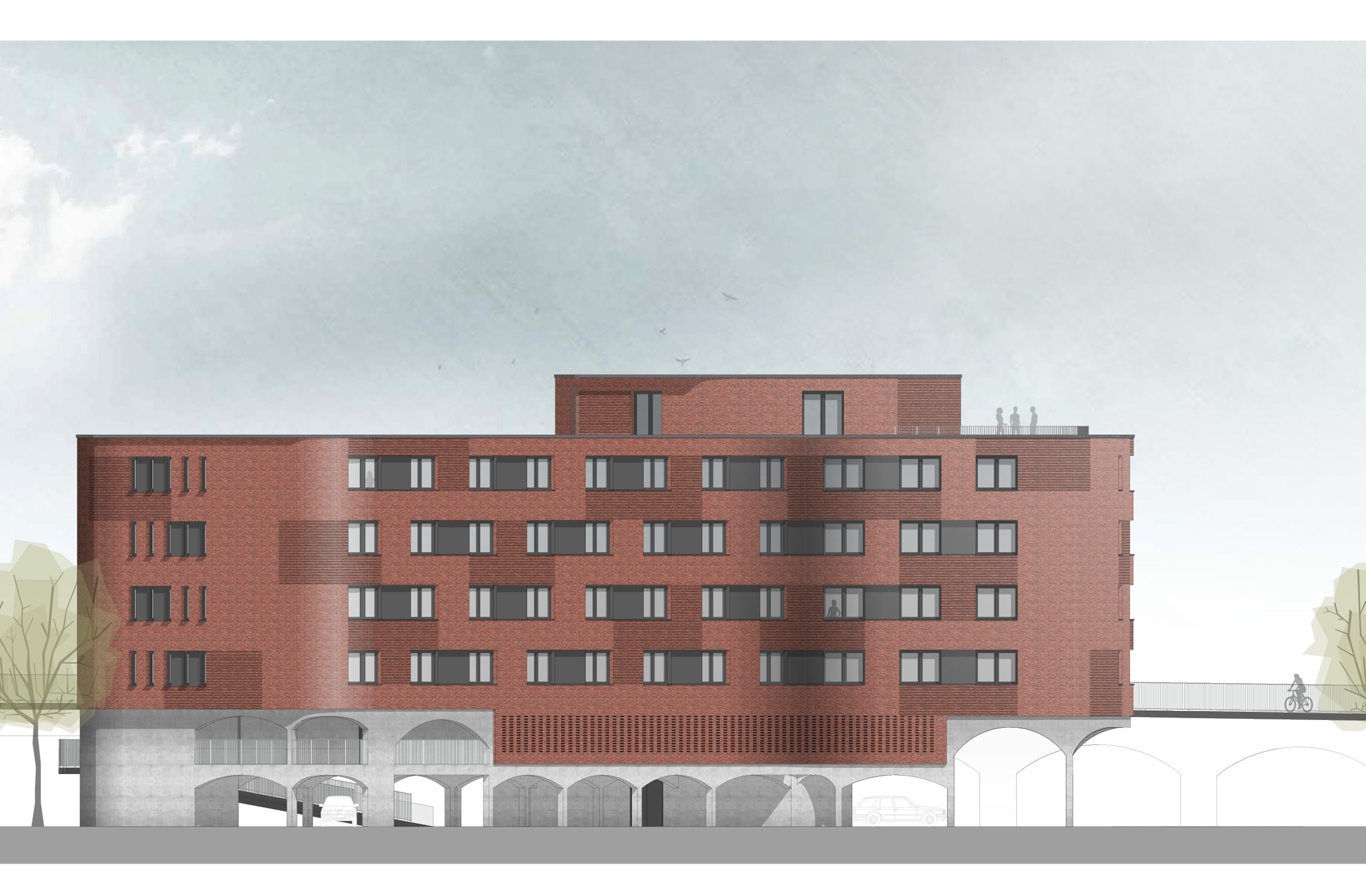 Gesamtansicht des Studierendenwohnheims mit Umgebungskontext und Straßenraum