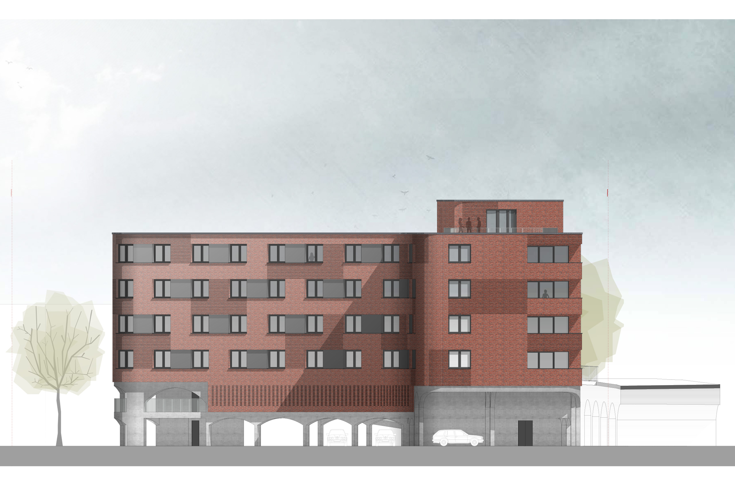 Ansicht des Studierendenwohnheims mit Staffelgeschoss und rhythmischer Fassadengliederung