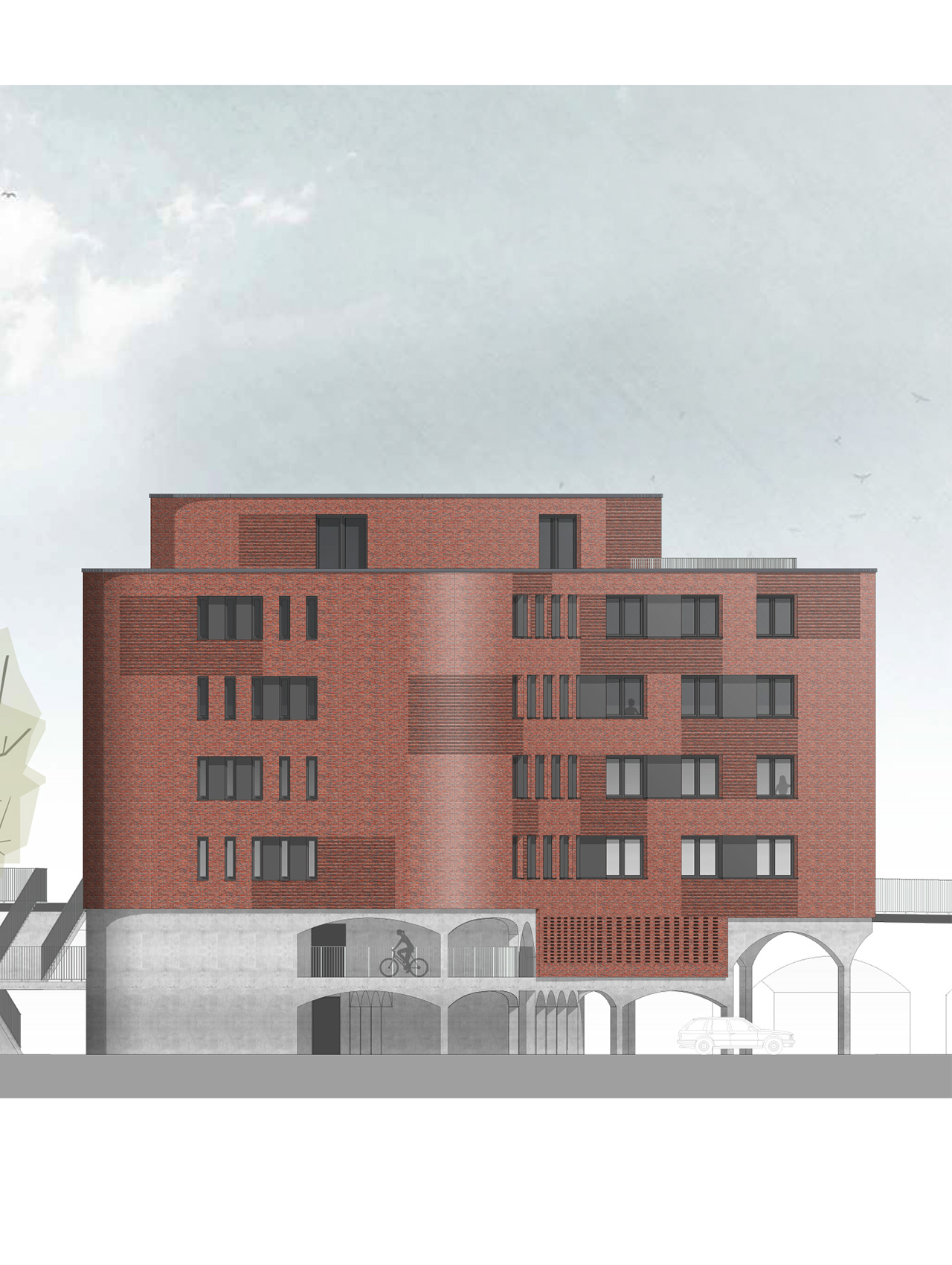 Straßenansicht des Studierendenwohnheims mit roter Klinkerfassade