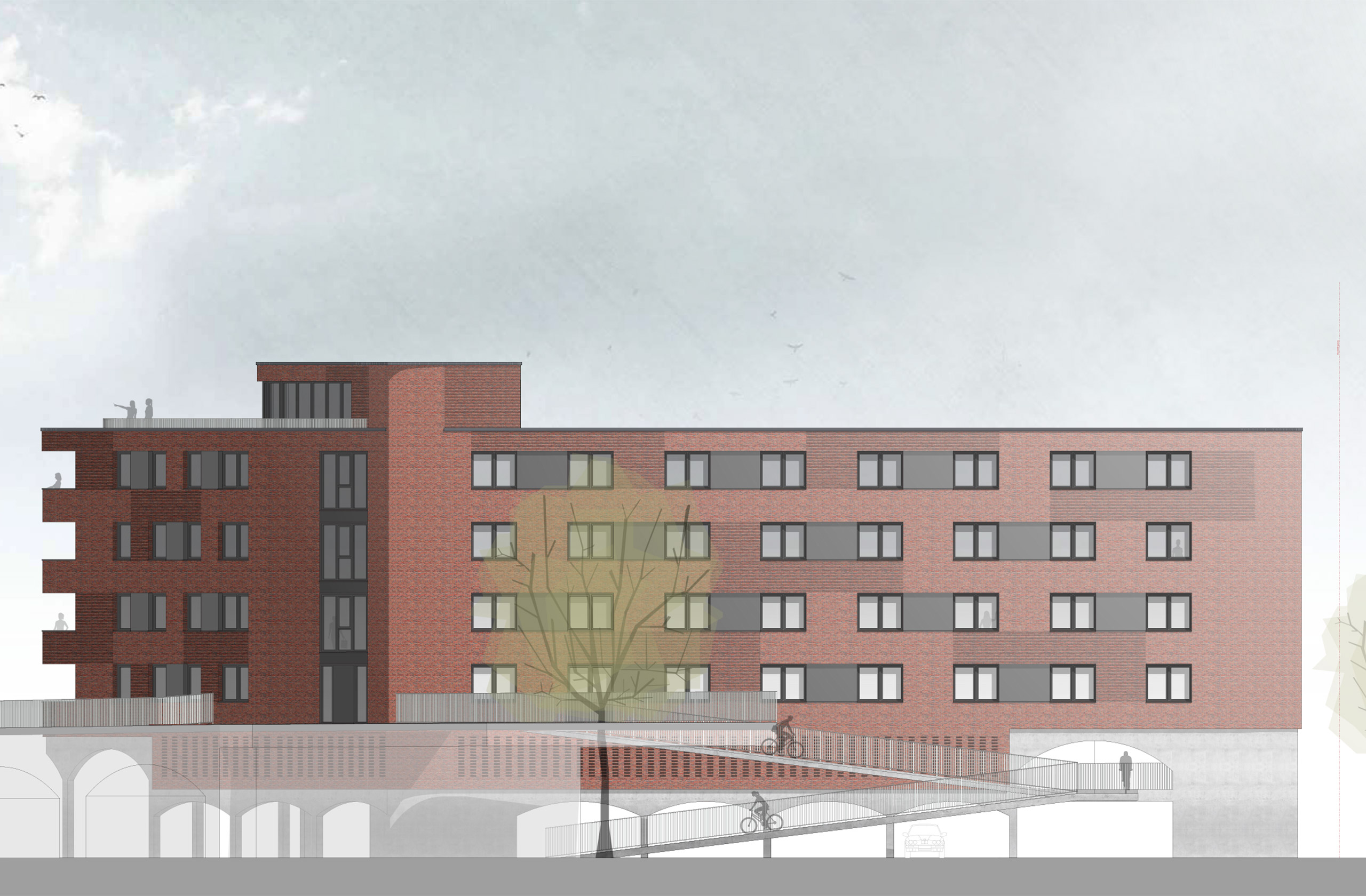 Ansicht des Studierendenwohnheims mit Umgebungskontext