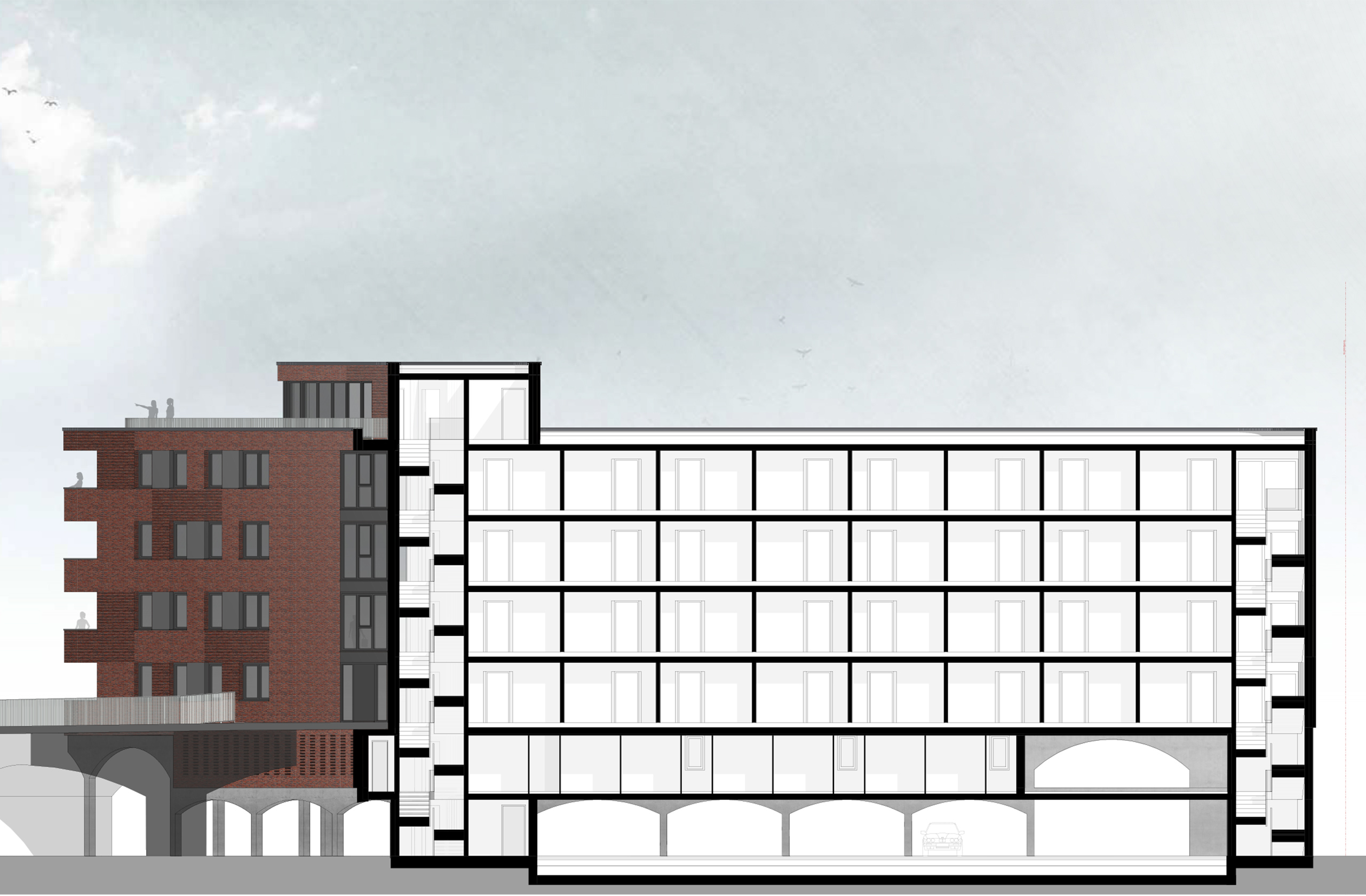 Längsschnitt durch das Studierendenwohnheim mit Geschossstruktur