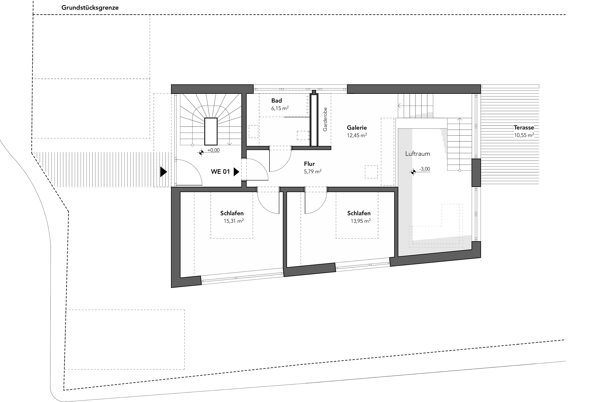 Grundriss des Obergeschosses mit Wohn- und Schlafbereichen