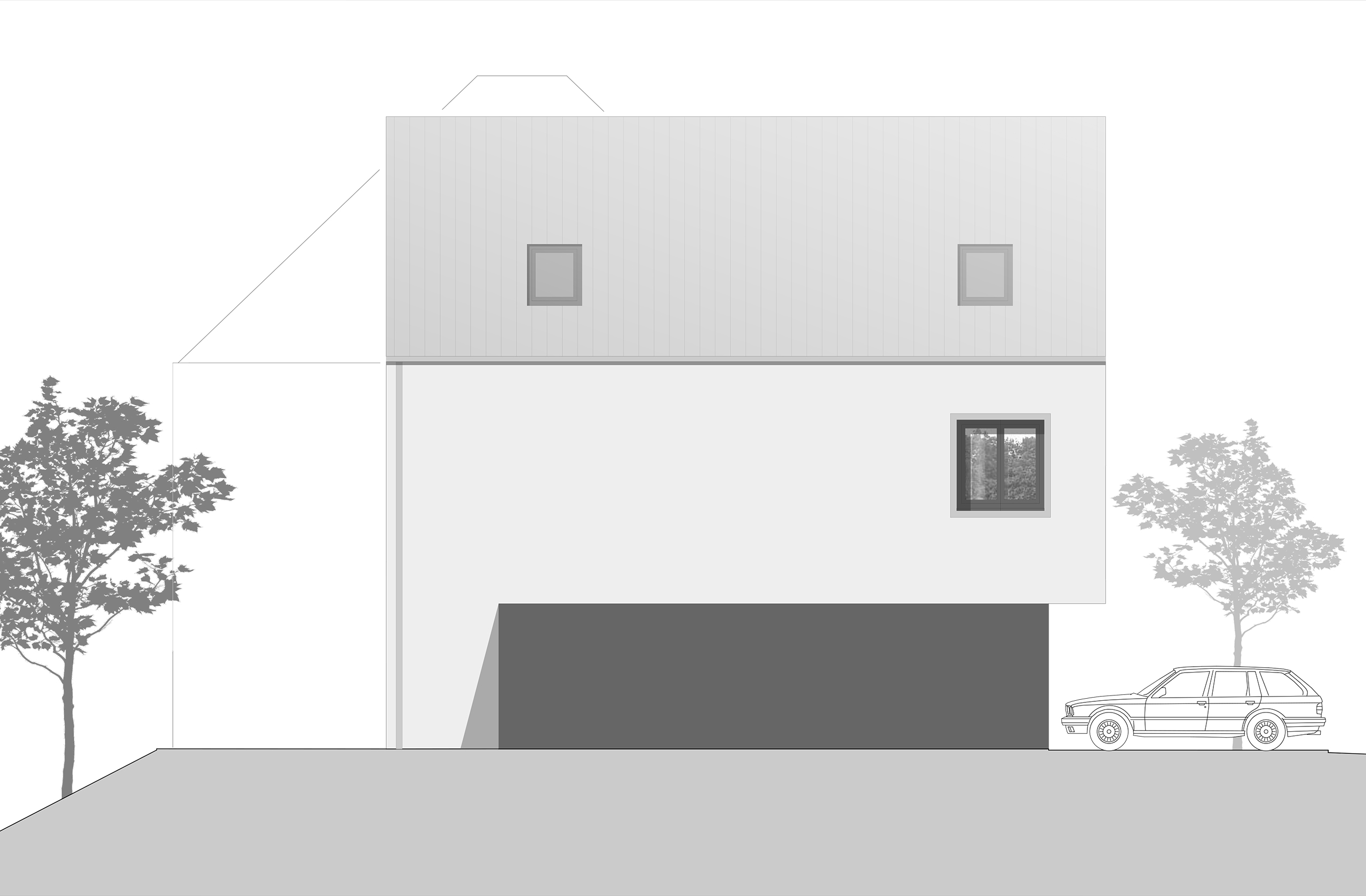 Seitliche Fassadenansicht des Wohnhauses