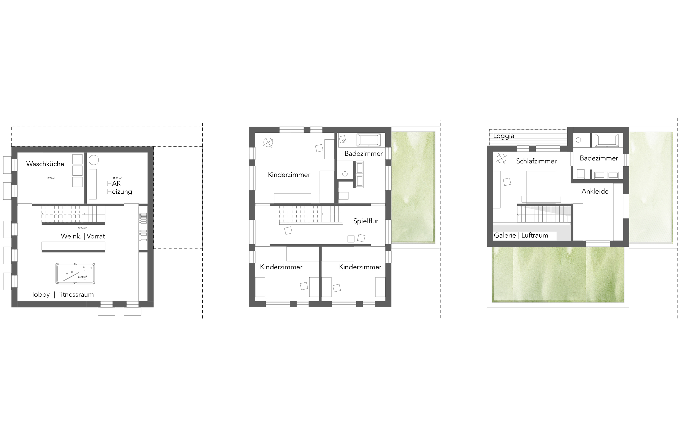 Grundrisse der Geschosse eines Hauses im Wohnquartier Am alten Angerbach