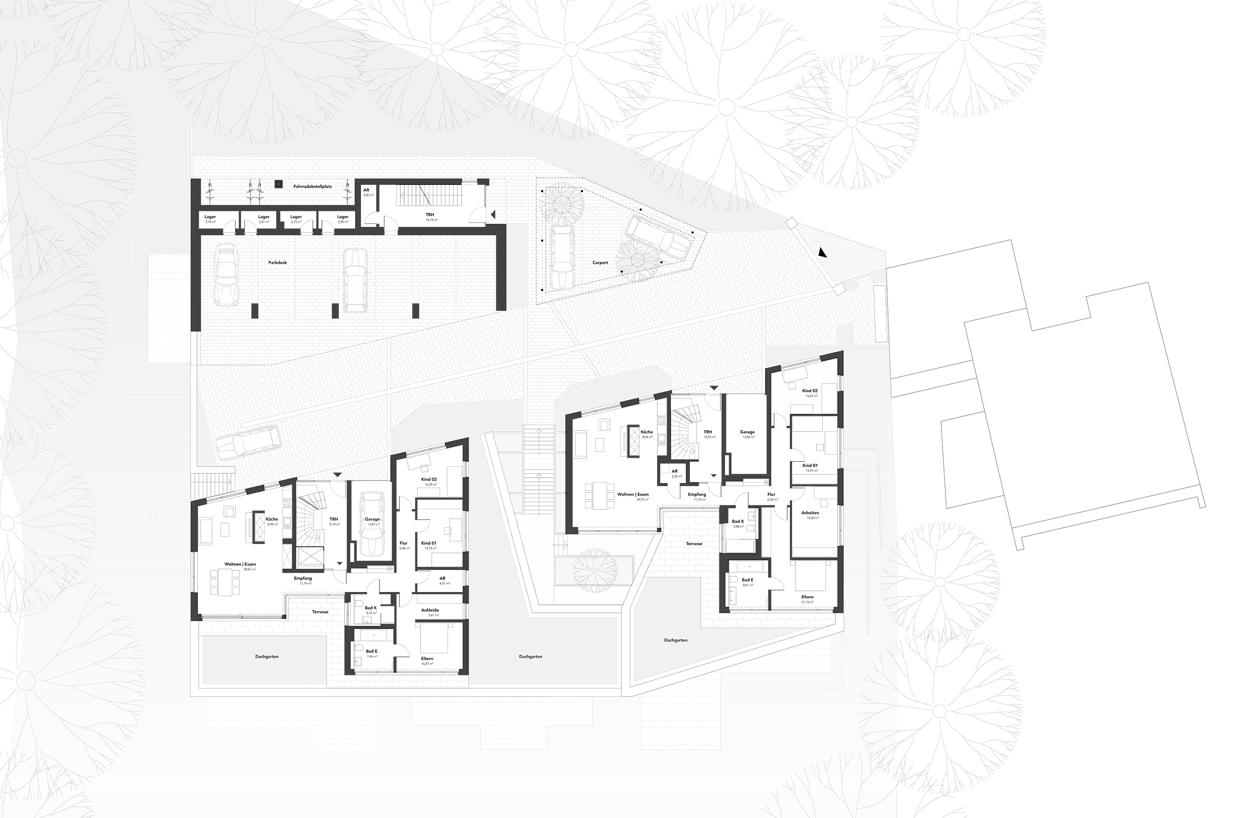 Grundrissplan des Wohnquartiers mit Mehrfamilienhäusern und Gemeinschaftsflächen