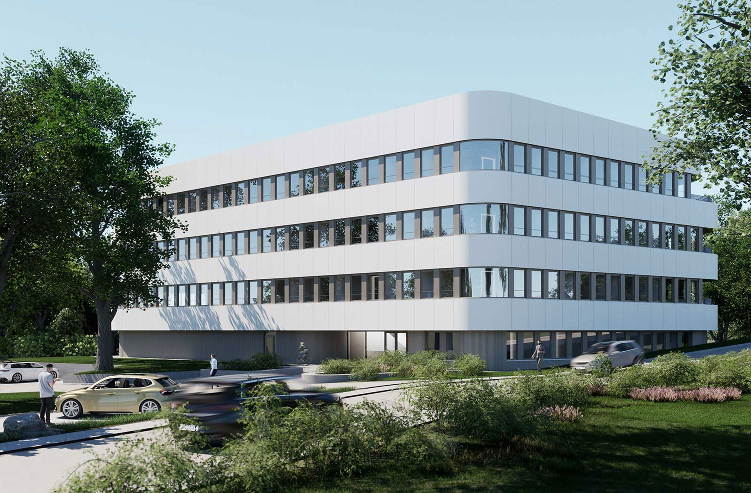 Außenansicht des Ruhrtalbogen mit vorgelagerter Grünfläche und Parkbereich