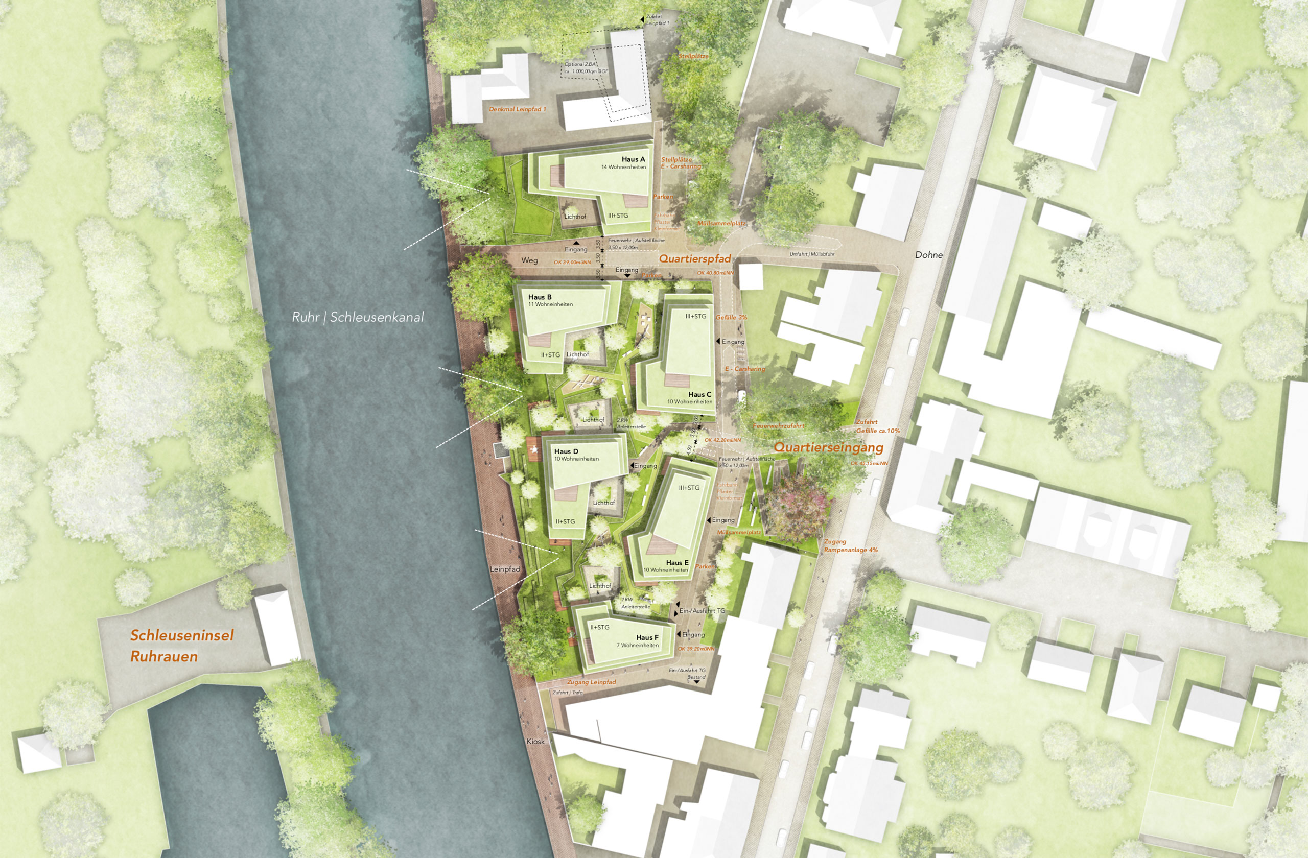 Lageausschnitt des Wohnquartiers mit Grünzug entlang des Schleusenkanals