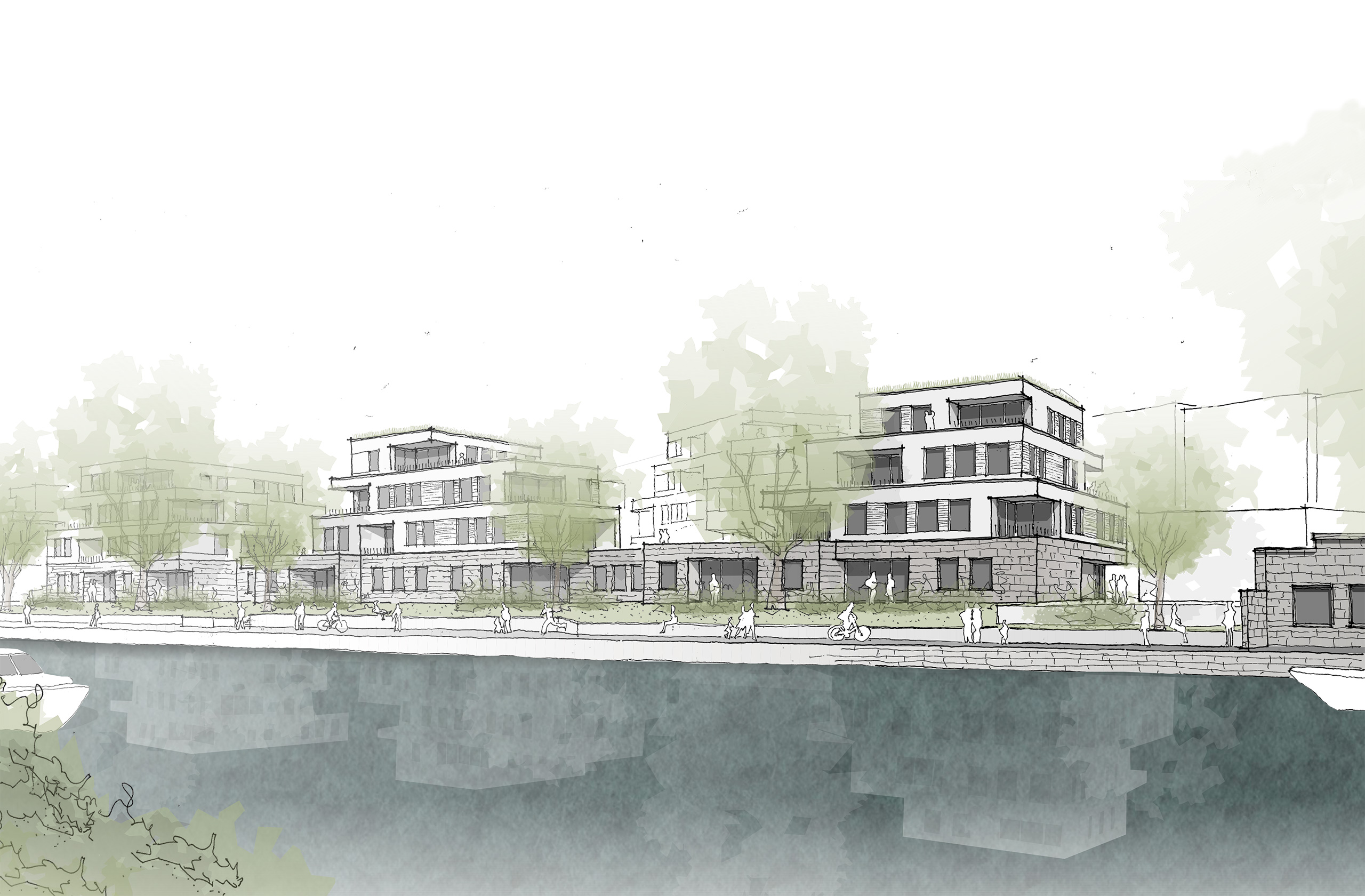 Perspektivische Ansicht des Wohnquartiers am Schleusenkanal von der Wasserseite